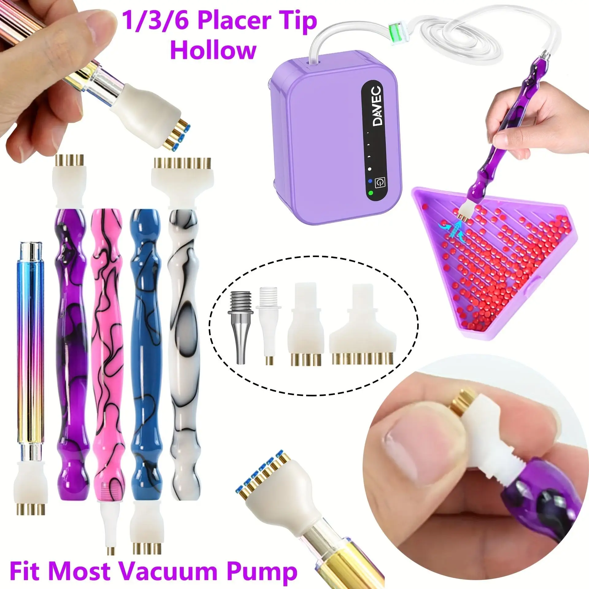 Vacuum Diamond Pen Replacement Kit - 1 Replacement Diamond Pen and Multi-Head Applicator (1/3/6 Heads) - Compatible with Most Vacuum Pens - Diamond Art Accessories, 1/3/6 Diamond Applicators, E-Painter Replacement Kit