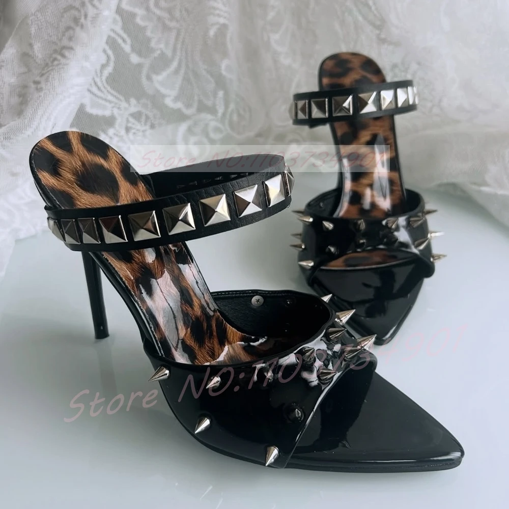 Spikes Open Pointed-Toe Heeled Mules Women Metal Studs Strap Leopard Insole High Heels Ladies Sexy Punk Slippers