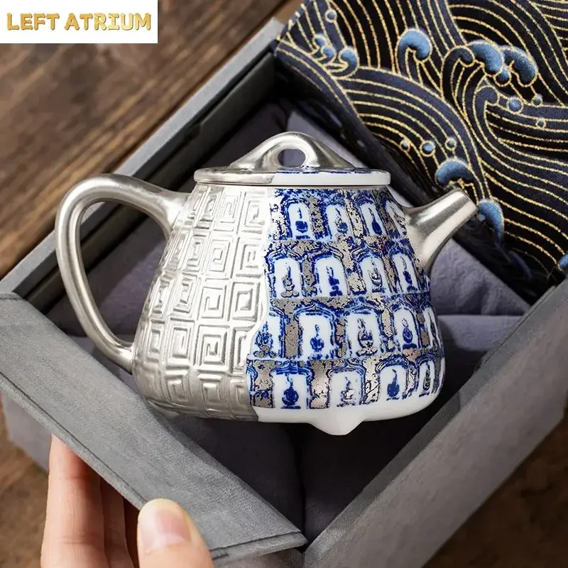 200ml Master He Fusen Hand Made Gilded Silver Blue And White Buddha TeaPot Gilded Silver TeaSet KungFu Tea Set Collection Kettle