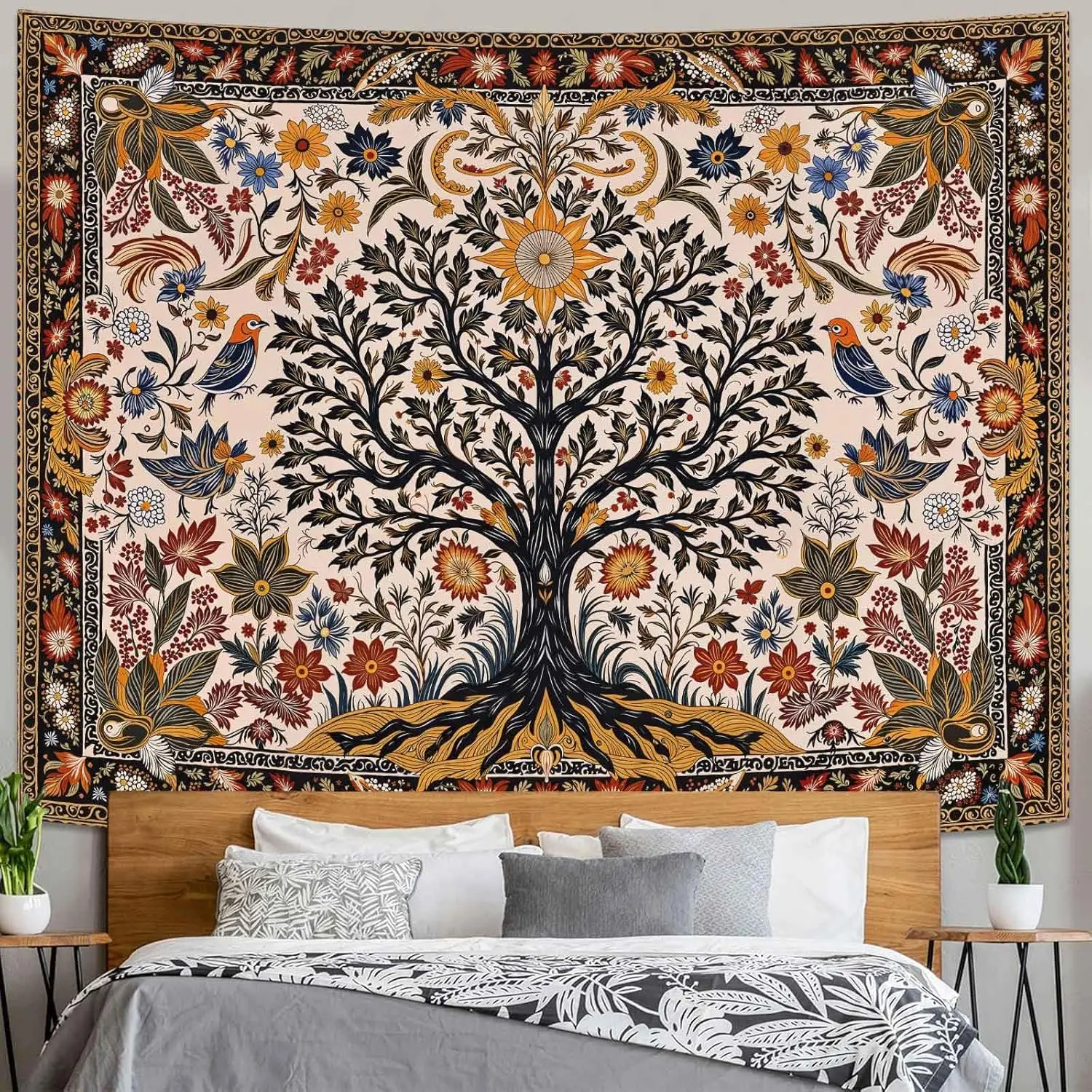 Vintage Tree of Life Tapestry, Boho Floral Bird Botanical Wall Hanging, Ethnic Flower Tapestry for Home Bedroom Dorm Decor