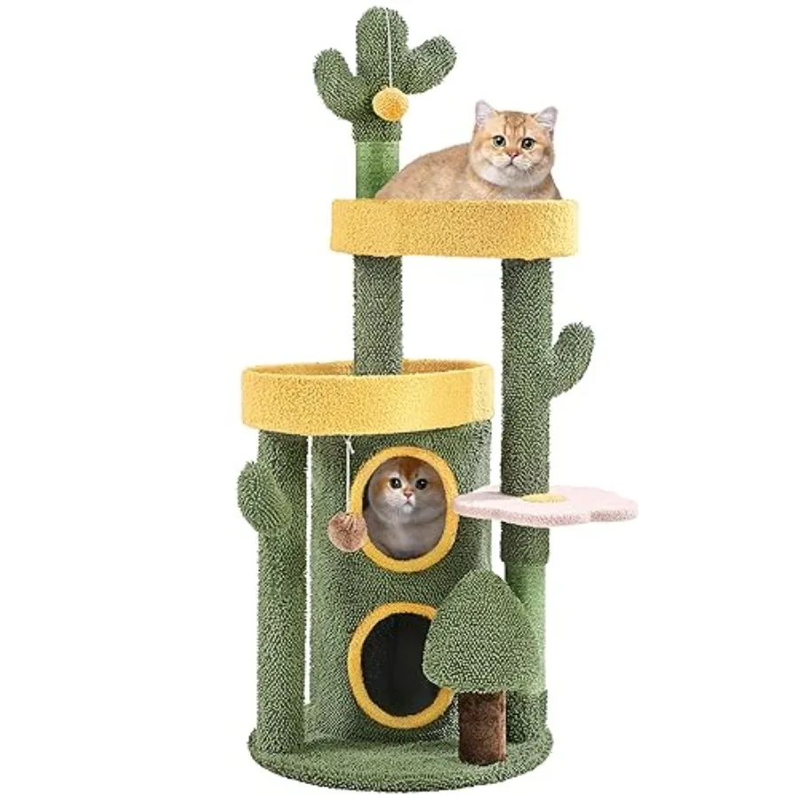 

48in Cactus Cat Tree with Flower-Themed Perches Multi-Level Platforms Condo Scratching Posts Dangling Balls