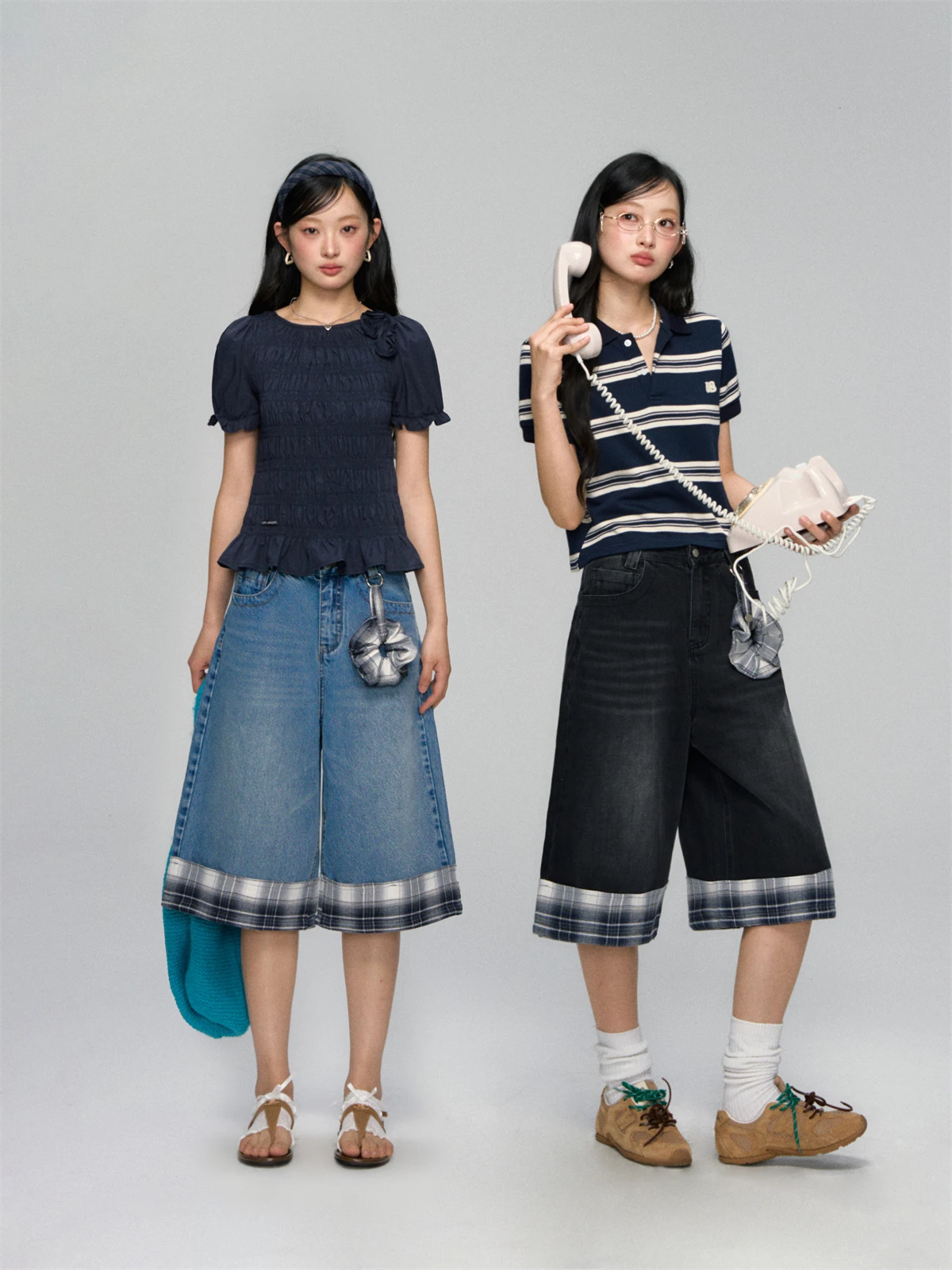 

Джинсы Waed Denim с широкими штанинами, высокой талией, в клетку AsGony, свободного кроя, в стиле Color Block, американское ретро, длина 7 дюймов, повседневные