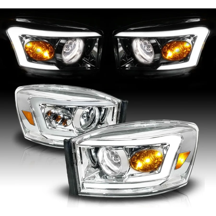 

for RAM Truck 2006-2008 1500 06-09 2500 3500 LED Tube Light Bar Chrome Headlights Passenger and Driver Side
