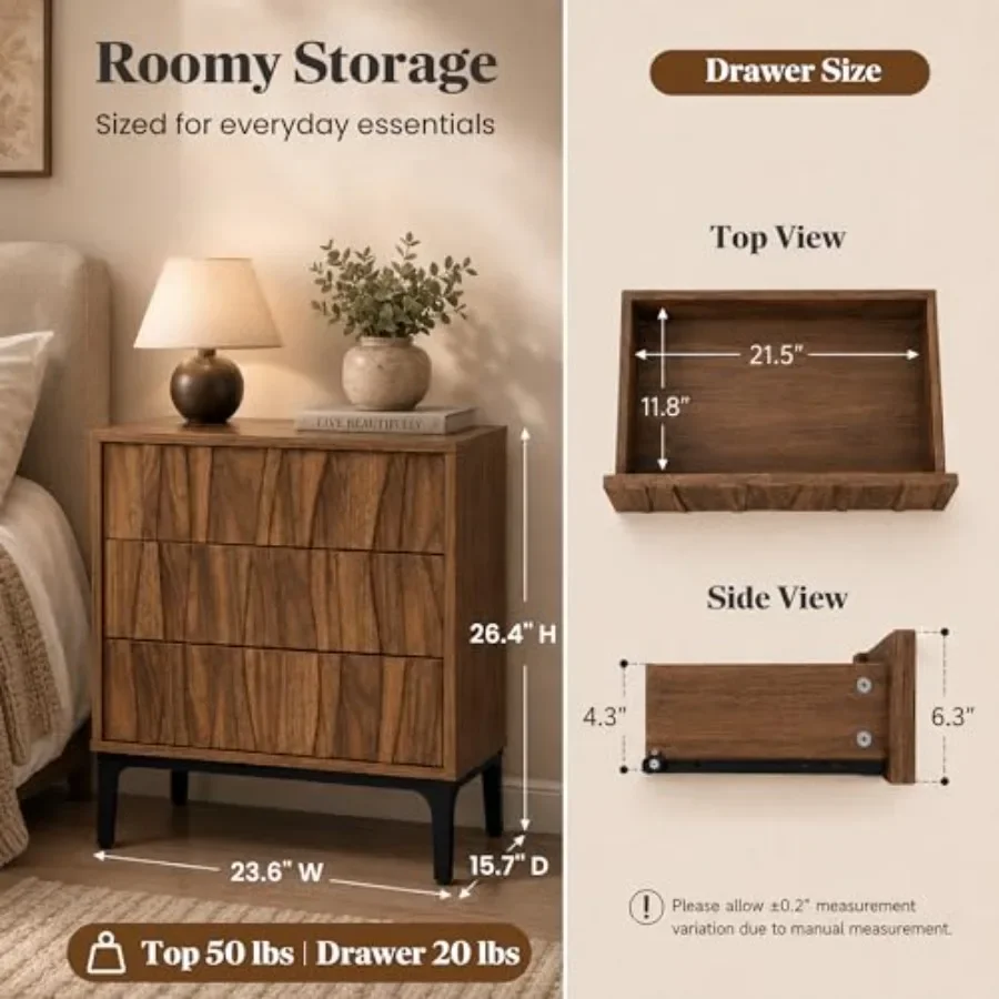 3-Drawer Nightstands Set of 2, 3D Wave Front