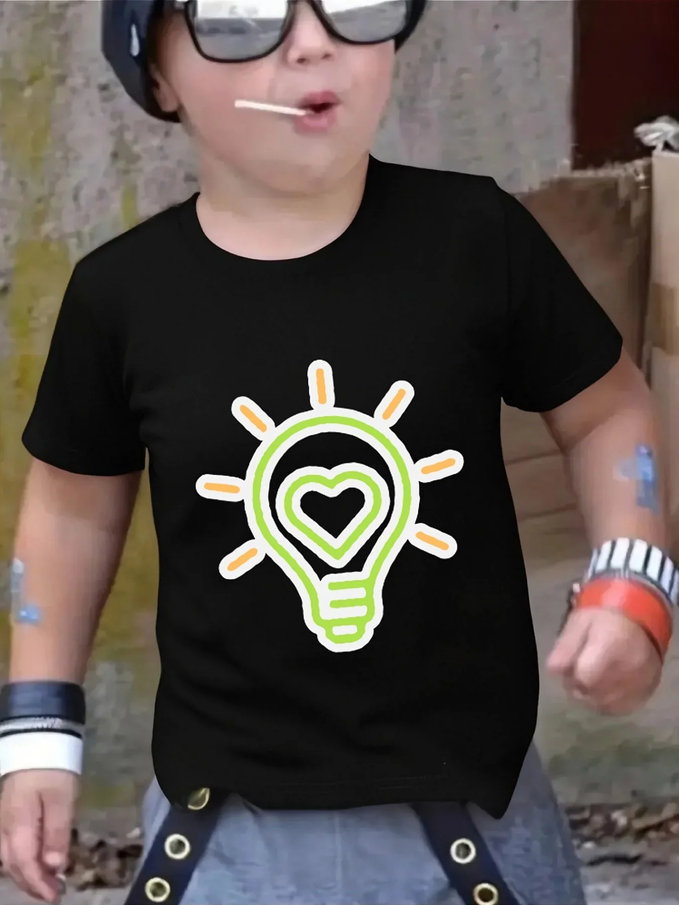 Heart Inside Light Bulb Line Art Graphic Family Matching T Shirt Boy Girls Short Sleeve Summer Crew Neck Parent Child Casual Top