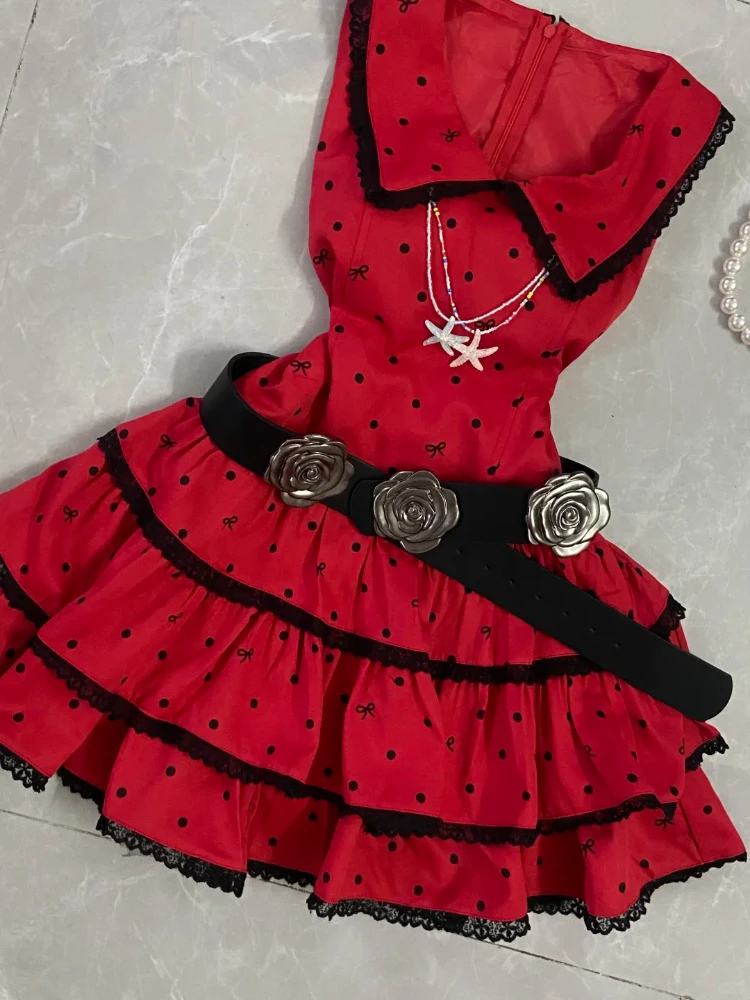 

Французское ретро кружевное лоскутное платье в горошек с кукольным вырезом Y2K, корейская талия, утягивающая юбка-торт