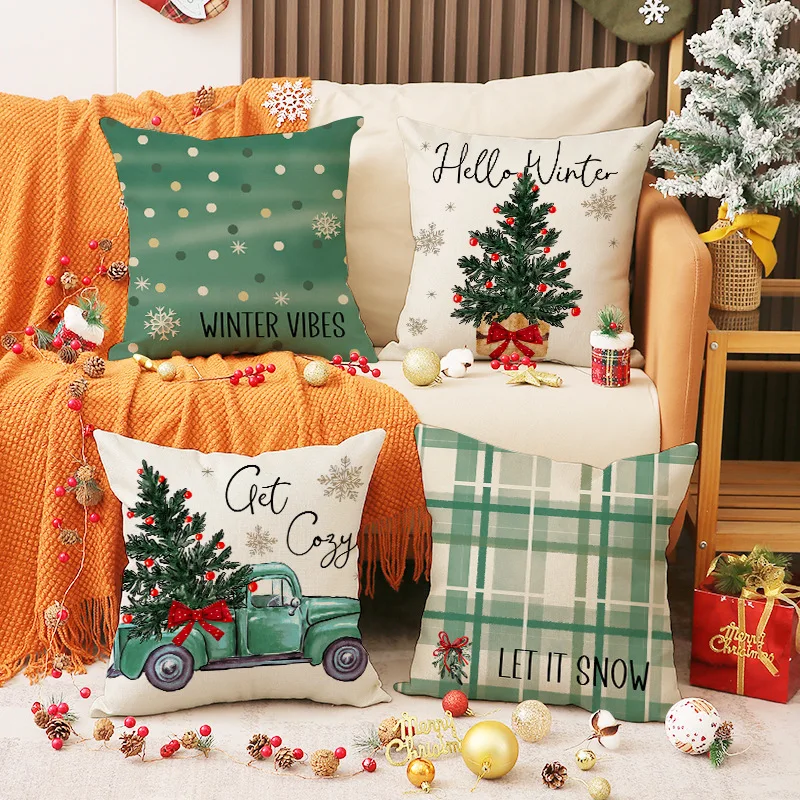 Merry Christmas Tree Hello Winter Green Throw Pillow Covers,45x45cm Set Of 4,Holiday Cushion Case Decoration for Sofa Couch