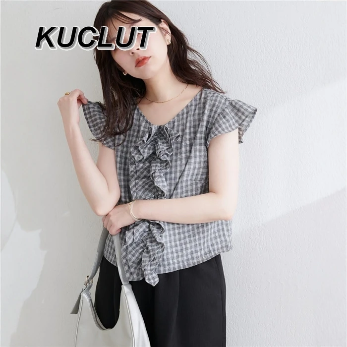 

Casual Shirts Summer 2025 New Japanese Style Simpleelegant Blouse Commuter Lotus Leaf Edge Small Flying Sleeve Shirt for Women