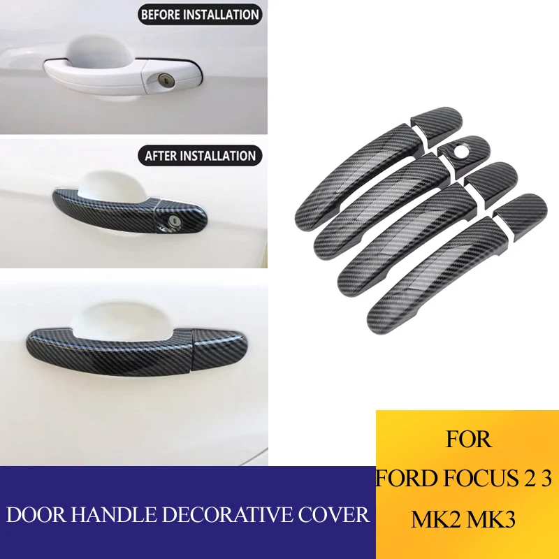 4Pcs Carbon Fibe Car Door Handle Cover Sticker Trim Handles For Ford Focus 2 MK2 2005 - 2011 Focus 3 MK3 2012 - 2018