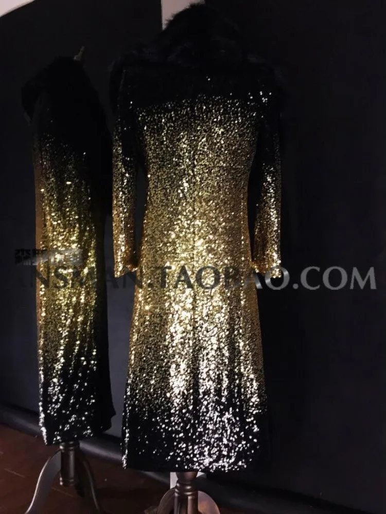 Nuevo club nocturno, chaquetas de pasarela para Dj y cantante para hombre, gabardinas largas de piel con gradiente de oro negro bordado de gama alta, disfraz para hombre
