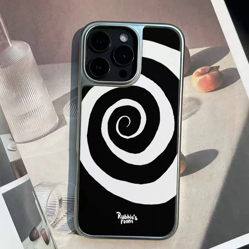 

Black and White Spiral Art Electroplated Frame Shockproof Chic Phone Case for IPhone 16 15 14 13 12 11 Pro Max Back Cover Capa