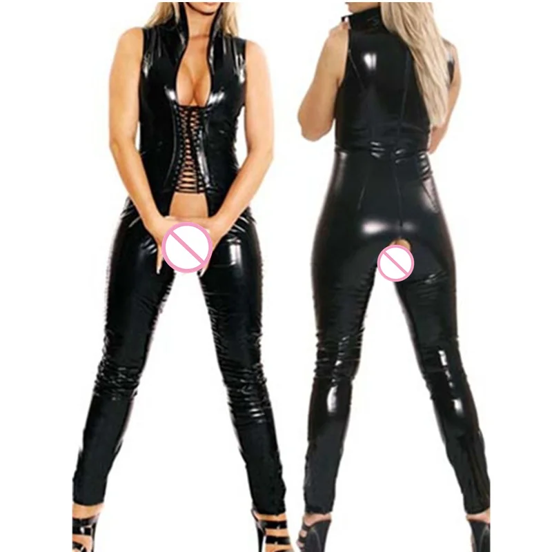 Women Sexy Costumes Black Faux Leather Latex Catsuit Clubwear Open Crotch Bodysuit Sex Fetish Bondage Harness Costumes