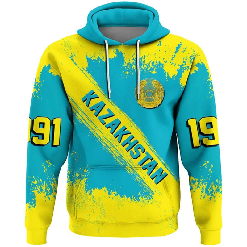 The Republic-of Kazakhstan Map Flag 3D Printing Hoodies Kazakhstan Coat Of Arms Graphic Hooded Sweatshirts Vintage Mens Clothing
