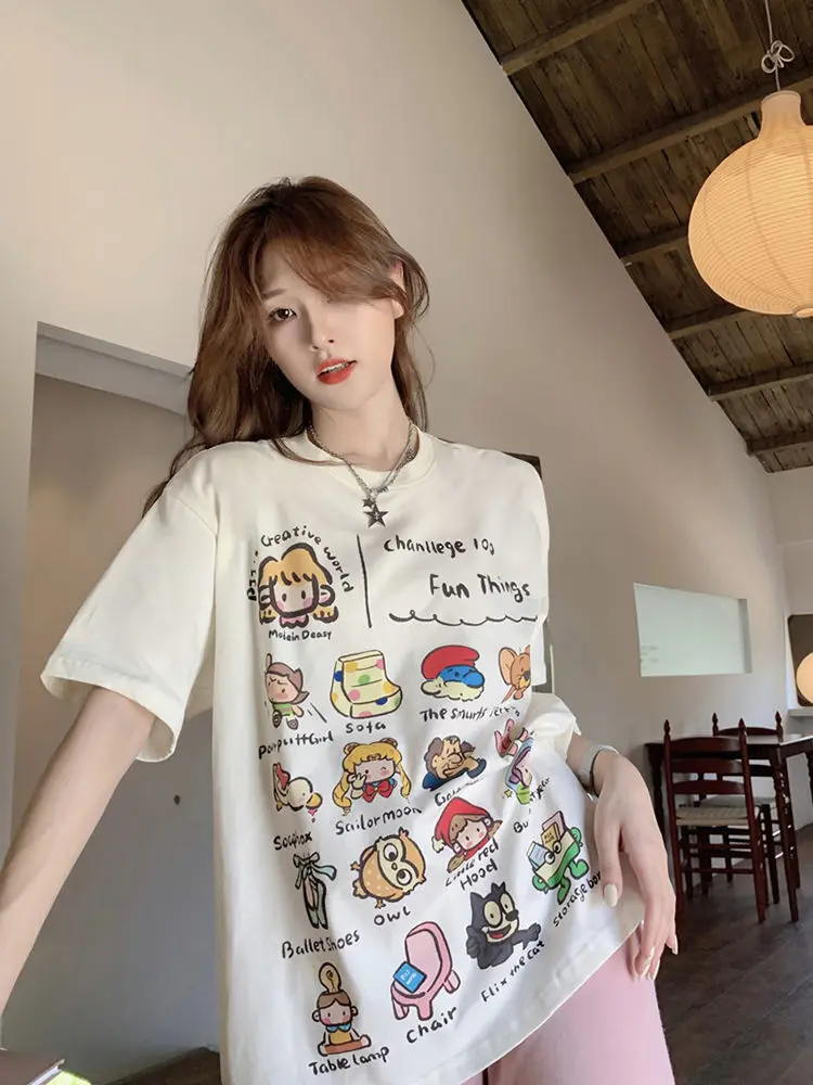 

ins pure cotton Korean version sweet and fun cartoon printed short-sleeved T-shirt women's summer 2024 new loose top y2k tops