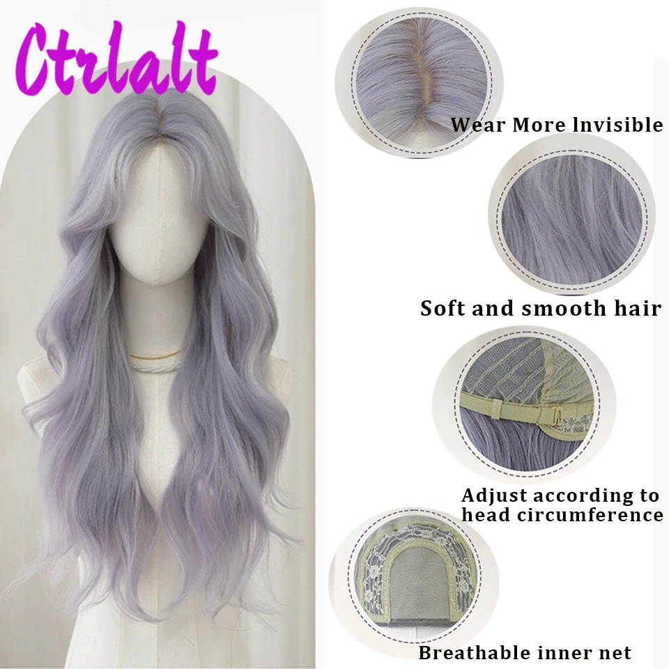 Long Gray Purple Wavy Synthetic Wig with Bangs Halloween Wigs for Girls Cosplay Party Lolita Heat Resistant Fiber