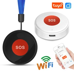 One Key Alarm SOS Panic Call Button Tuya WiFi Smart Life APP for Elderly Kids Patient with Rechargeable Battery Hanging Rope