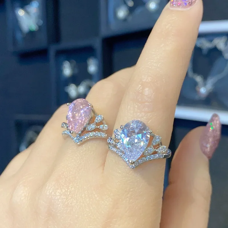 

MDLFES Moissan Diamond Style Преувеличенные легкие роскошные капли воды Искусственное кольцо Moissan Женские капли воды Розовый