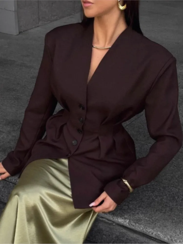 

New Autumn Winter Elegant Solid Buttons V-neck Long Sleeve Slim Women Blazers, Vintage Office Lady Jacket Coat, Chic Outerwear