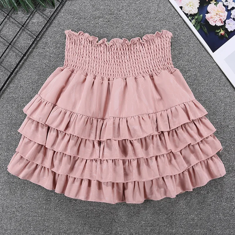 Fu Ear Elastic Waist Cake Skirt for Women Autumn New Hot Girl Pink Tutu Skirt Anti-exposure Girly Style PU Leather Short Skirt