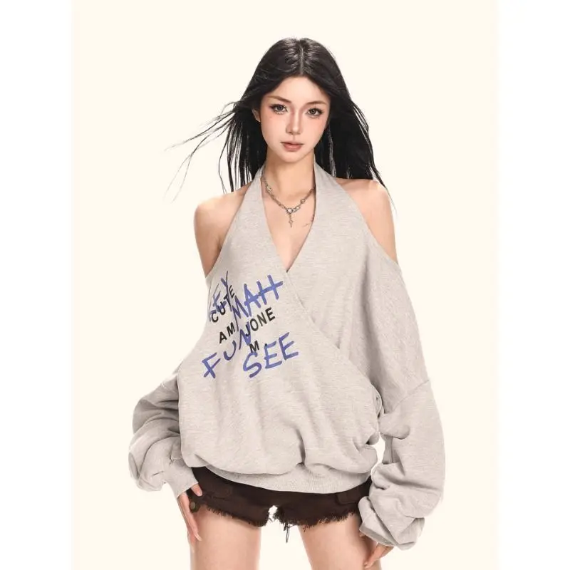 Spicy Girl Letter Printed Halter Off Shoulder Sweatshirts Autumn Irregular Casual Versatile Tops Y2k Loose Streetwear