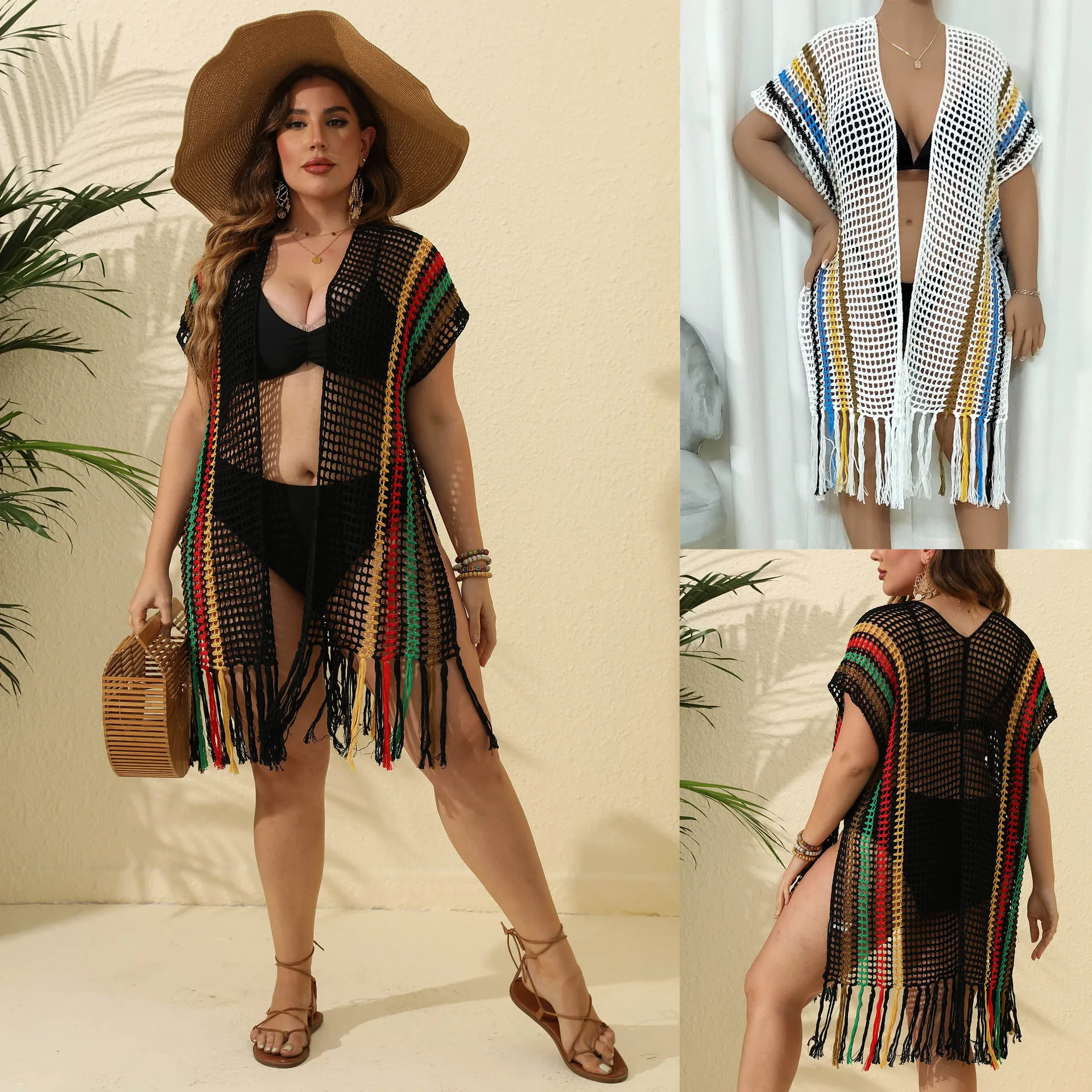 Plus Size Sexy Knitted Cardigan Bikini Cover-up Dress Women Oversize Block Color Stripes Patchwork Tassels High Split Beachwear