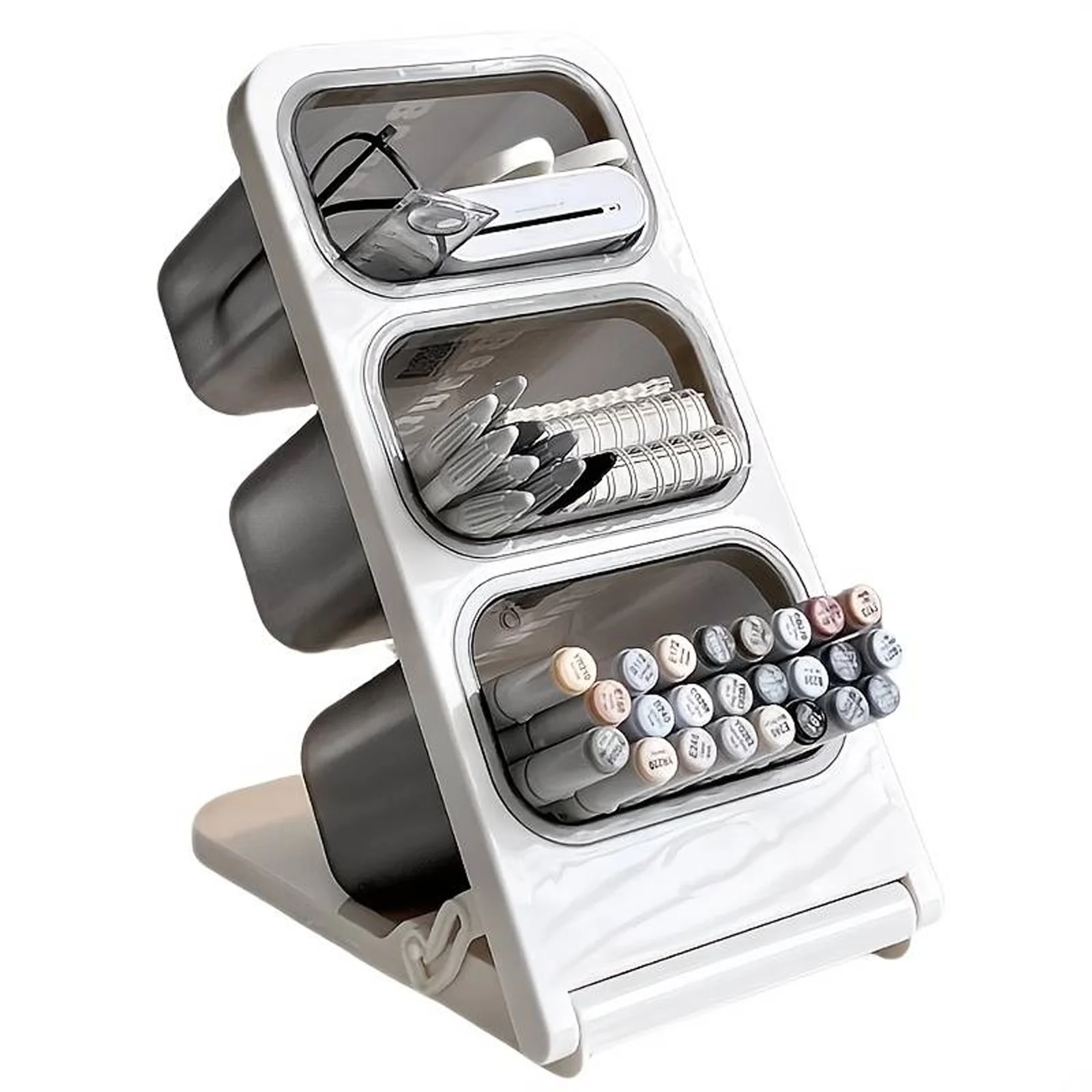 Desktop Pen Holder Storage Box, Large Capacity for Students and Office Use, Marker Pen and Pen Holder with Three Independent Compartments | Inclined Slots and Tool Dividers - Suitable for Bedroom Dressers, Study Desks