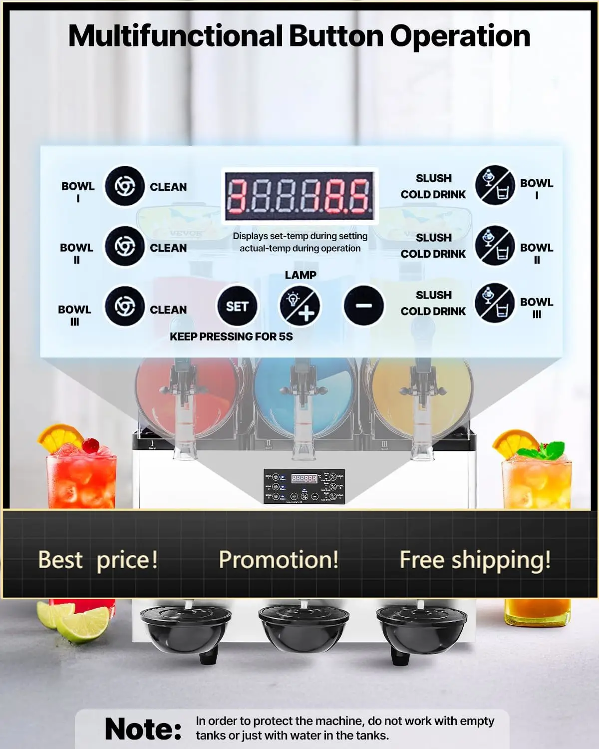 

Commercial Slushy Machine, 15Lx3 Triple Tank Margarita Machine, 180 Cups Stainless Steel Margarita Smoothie Frozen Drink Machine