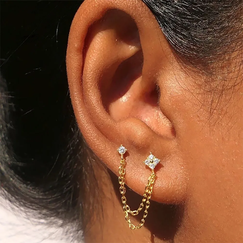 أقراط سلسلة صغيرة مرصعة بأحجار زركونيا مزدوجة ، سلسلة متدلية ، فولاذ جراحي ، هدية لها