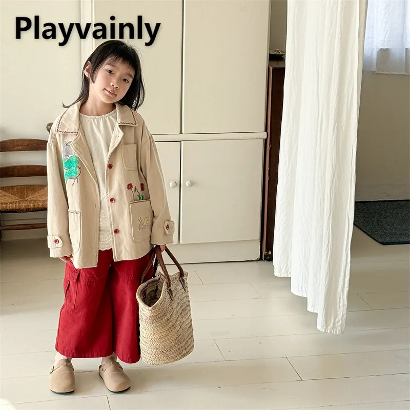 

Новинка 2023 года, весенне-осеннее детское ретро-модное пальто в корейском стиле, абрикосовое темно-синее однобортное пальто с героями мультфильмов, детская одежда A6069