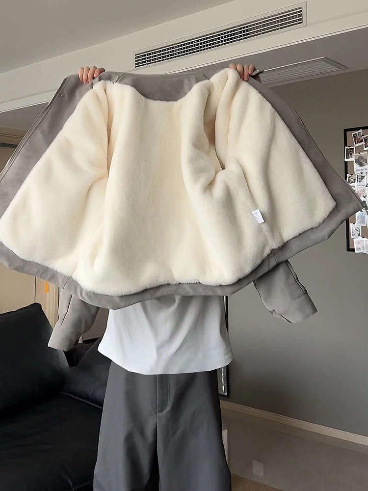 

Grey American Dyed Leather Jacket Cotton Coat Men Winter Fur Integrated Fleece Lined Stand Collar Motorcycle Outerwear