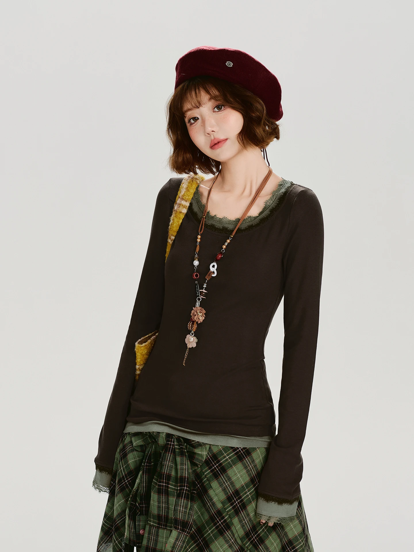 

Девчачья американская ретро-футболка из двух частей с кружевной отделкой, длинная футболка све, женский утягивающий топ, повседневный круглый топ из нейлона