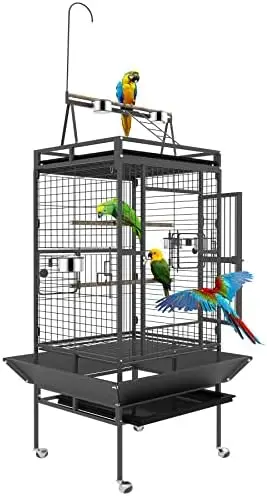 82 Inch Bird Cage, Bird Flight Cages with Rolling Stand & Bottom Tray, Wrought Iron Parrot Cage with PlayTop for