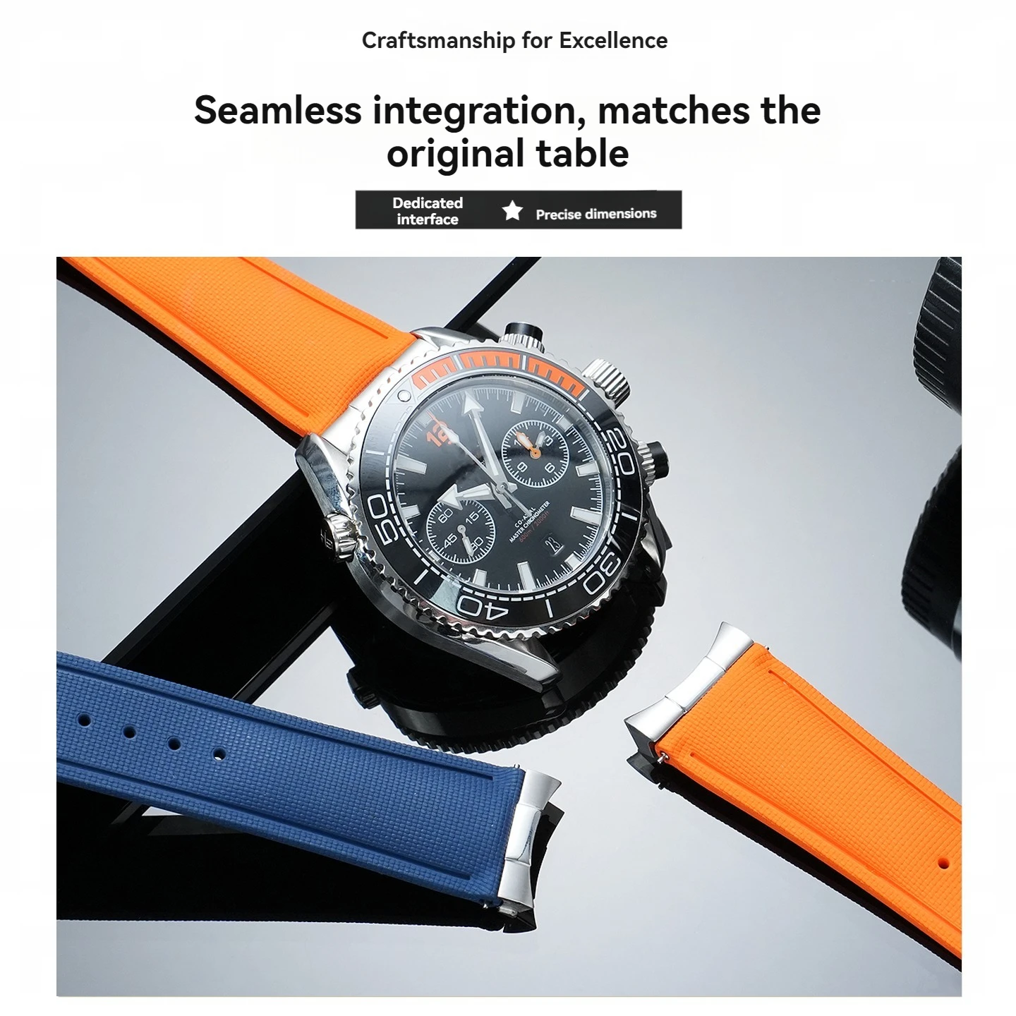 Fluoroelastomer Strap with Curved Steel Ends for Omega Seamaster 215/300/600, 20mm 21mm 22mm Rubber Watch Band Replacement