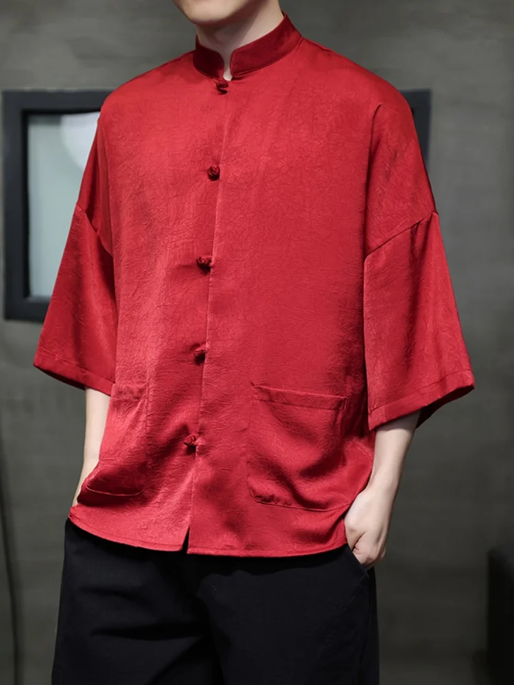 

Ice Silk Men's Short Sleeve Shirt Cool Sensation Summer New Style Hanfu Tang Costume Chinese Traditional Youth Fashion Thin C...