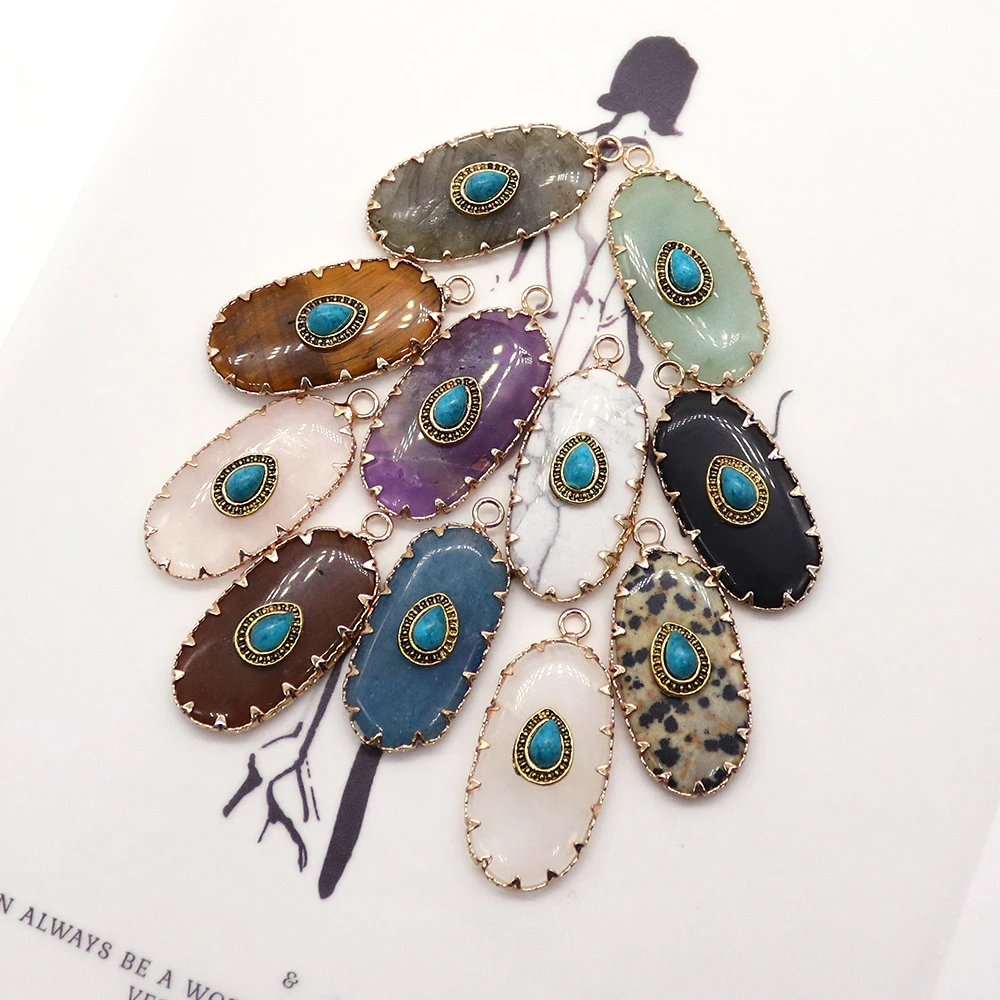 Oval Shaped Natural Stone Powder Crystal Necklace Pendant Electroplated Pendant Single Hole Pendant DIY Jewelry Accessories