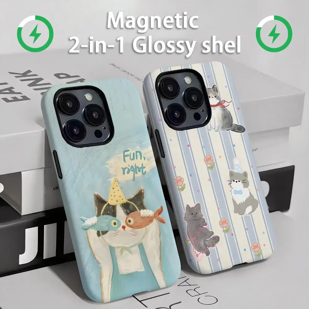Cute cats and dogs  Phone Case Magnetic 2-in-1 Glossy shell  For iPhone 16e 16 15 14 13 12 11 Pro Max Plus mini XS