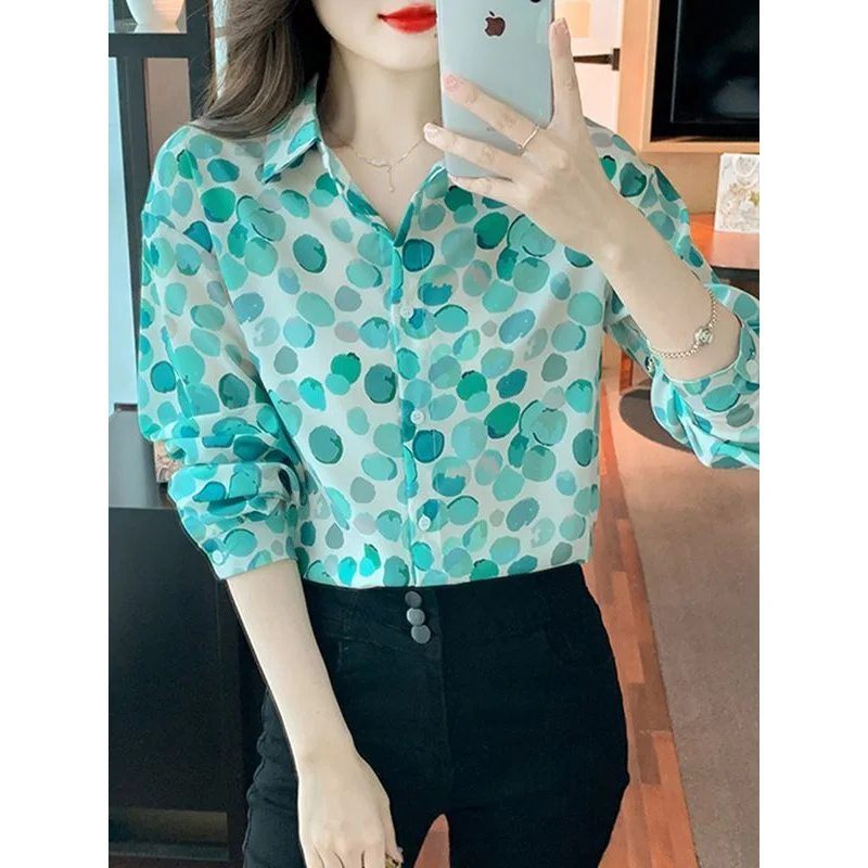 2023 New Spring and Summer Commuter Simple Printed Polo Collar Button Long Sleeve Cardigan Loose Casual Versatile Women\'s Shirt