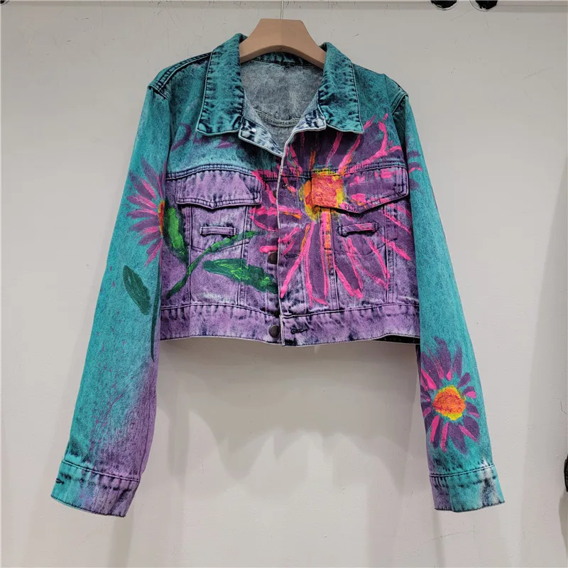 Streetwear Vintage Blue Graffiti Print Big Pocket Denim Jacket Women Loose Short Cowboy Outerwear Casual Jeans Jackets Female