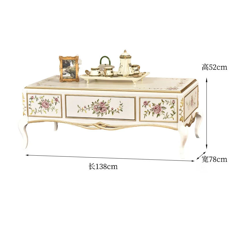 CX Vintage Hand-Painted Floral Coffee Table European Style Gilded Carved Living Room Tea Table