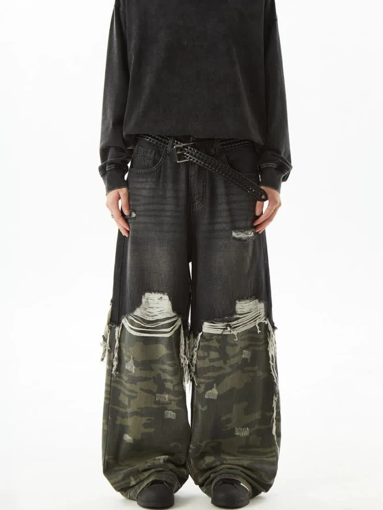 

Deeptown Vintage Camouflage Splicing Women Jeans Y2k Ripped Washed Wide Leg American Style Denim Pants Baggy Grunge High Street