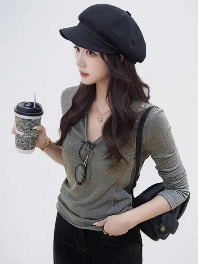 

Winter Warm Fleece Long Sleeve Base Shirt Women's Slim Fit Waist T-Shirt Commute Style Printed Pure Color V-Neck Regular Fit