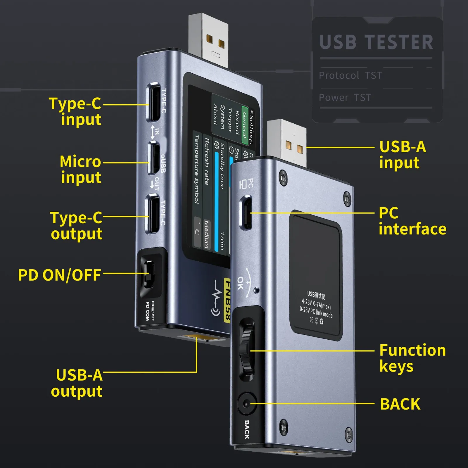 USB Tester USB Voltmeter Ammeter Automatic Protocol Detection Deception 24P Type C Interface 5P USB A for Mobile Phone