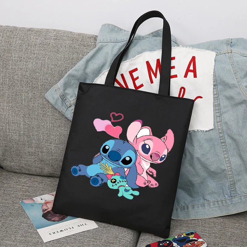 Disney Lilo Stitch Shopping Bag Shopper Foldable Handbag Beach Shoulder Student Canvas Bags College Reusable