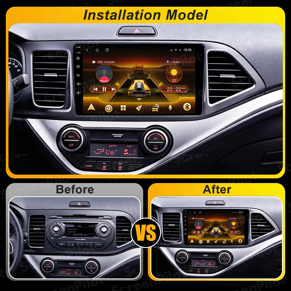 Android 16 For Kia Picanto Morning 2 2011-2017 Car Radio Stereo Head Unit Multimedia Video Player GPS Navigation 2K QLED 9 Inch