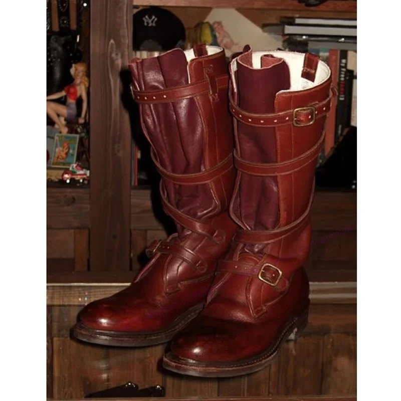 Brown Matte Leather Men\'s Cowboy Boots Strappy Buckle Round Toe Chunky Heels Shoes Work Winter Shoes 2023 Zapatos Para Hombres