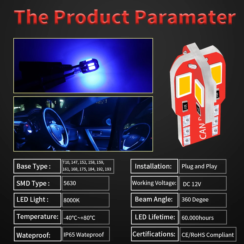 T10 5730 5630 8SMD LED Light Bulb License Plate Light Bulb, 10 Pieces Of 12V 8000K Car Width And Ceiling Lights.