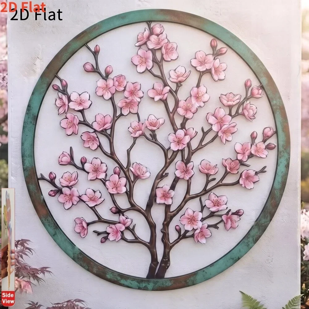 CIFBUY 1pc Round Cherry Blossom Tree Metal Tin Sign,20x30cm,2D Flat Cutout Print Floral Nature Wall Decor for Living Room