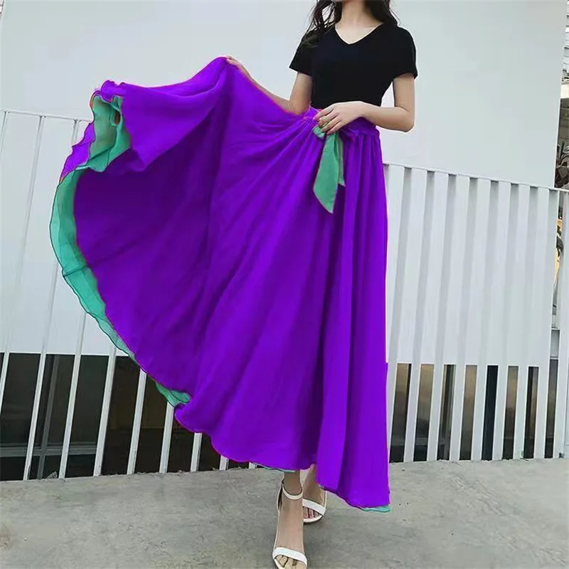 Both Sides Can Wear Dance Skirt Women Double Chiffon Skirts Elastic Waist Lace-up Maxi Skirts Elegant Female Big-hem Skirts 2026