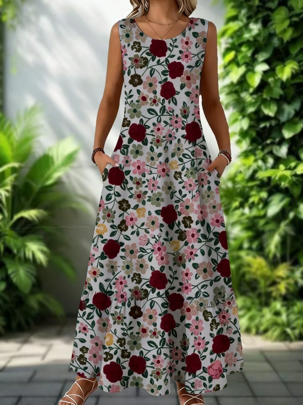 2026 Neues Damenkleid: Modisches Blumenmuster, Ärmelloses Design, Sommerkleid für Strand und Urlaub, Knöchellang