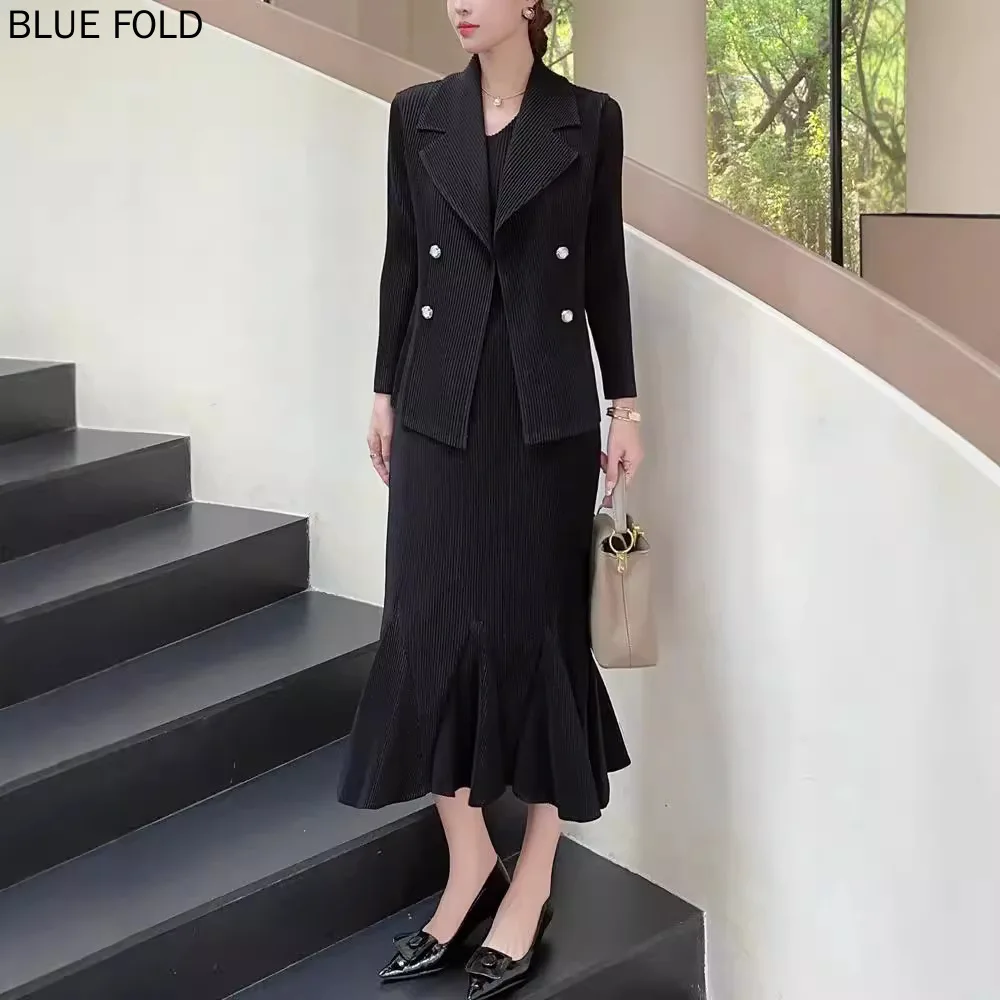 

MIYAKE Pleated Autumn Dress Suit High-end Temperament Long Dress Fashionable and Versatile Slim Fit Jacket Two-piece Set Elegant